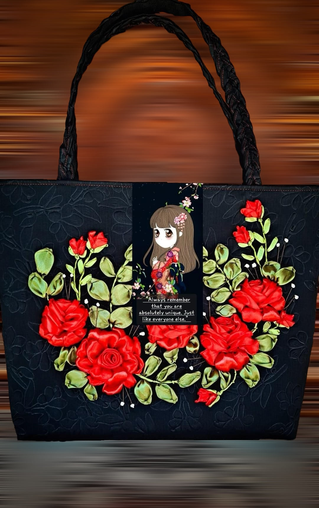 Ribbon Embroidered Bag with Roses