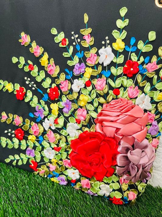 Ribbon embroidered colorful Roses Bag