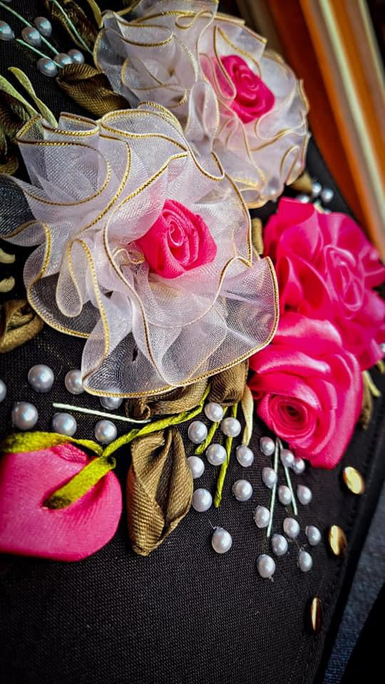 Ribbon Embroidered shoulder/ cross body Bag with flowers