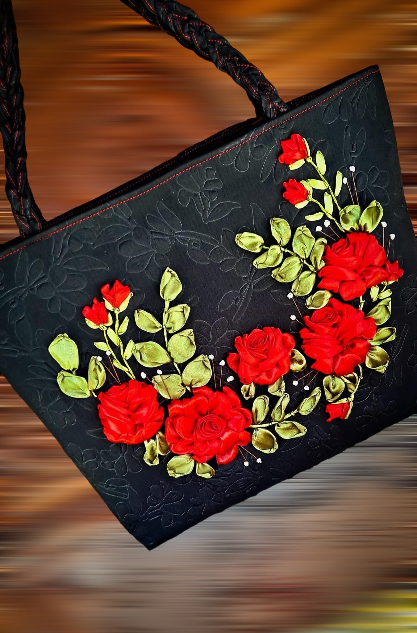 Ribbon Embroidered Bag with Roses