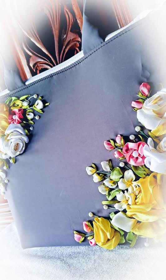 Ribbon Embroidered Roses Bag