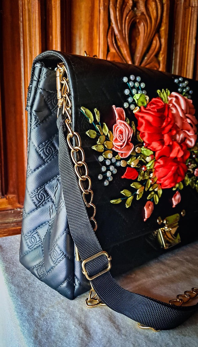 Ribbon Embroidered Bag with flowers