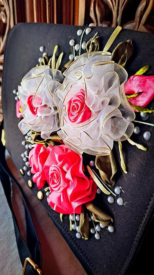 Ribbon Embroidered shoulder/ cross body Bag with flowers