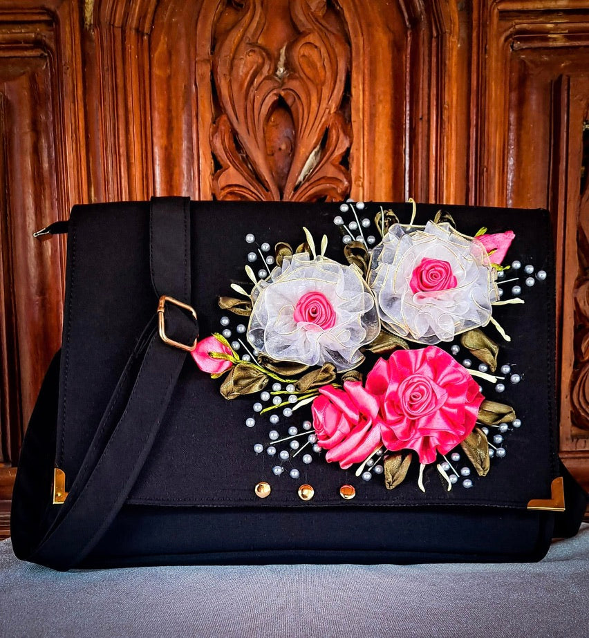 Ribbon Embroidered shoulder/ cross body Bag with flowers