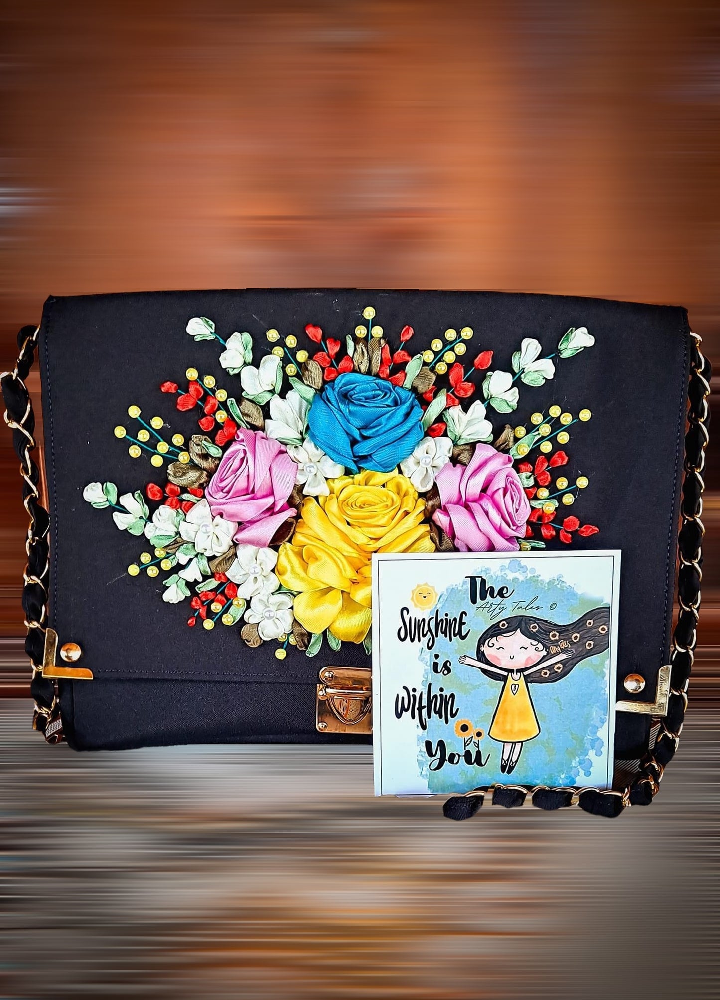 Ribbon Embroidered shoulder/ cross body Bag with flowers