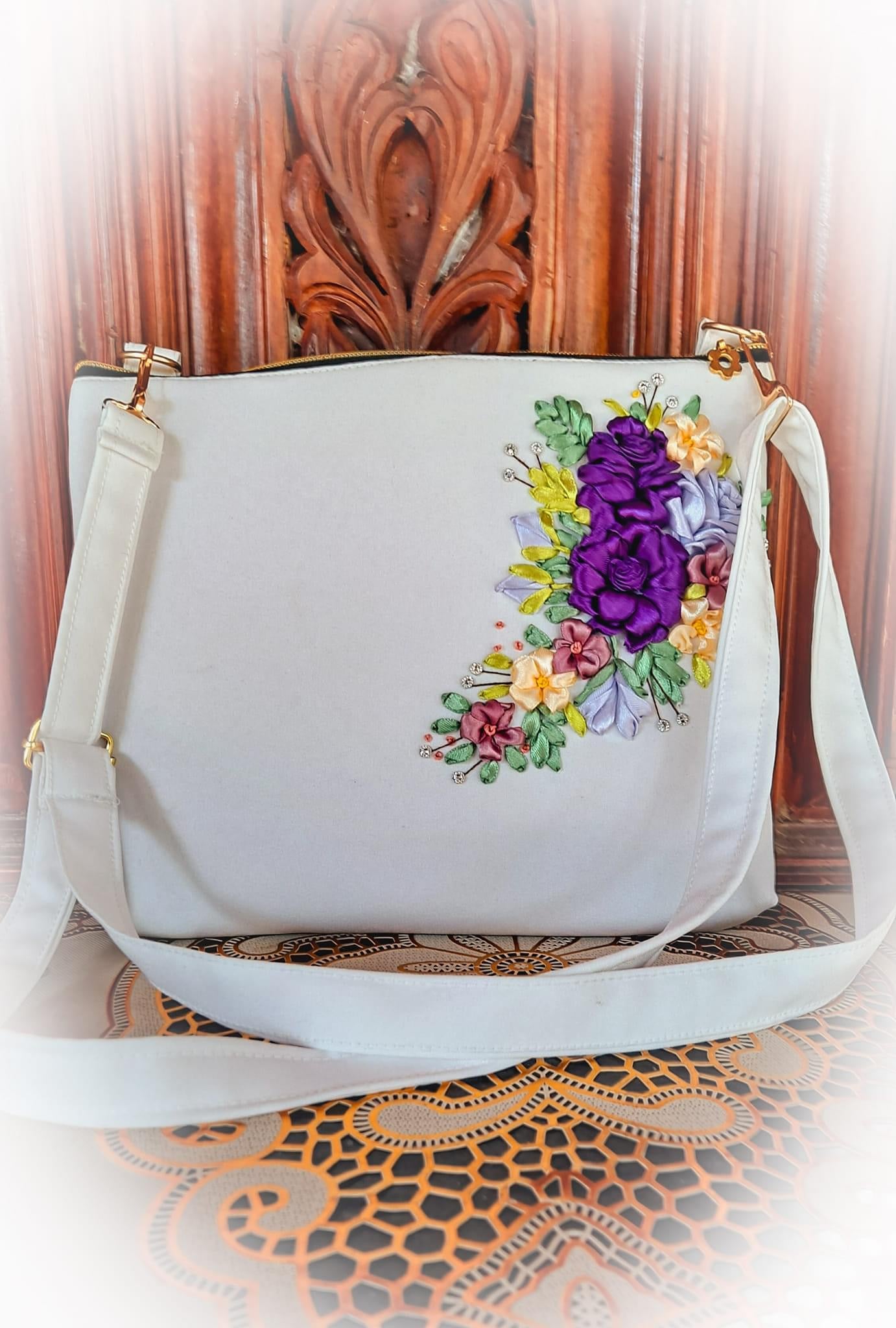 Ribbon Embroidered Shoulder Bag /Cross Body Bag