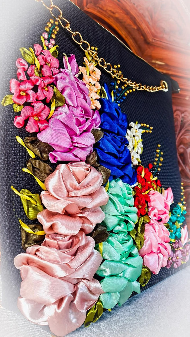 Ribbon Embroidered Bag with Roses