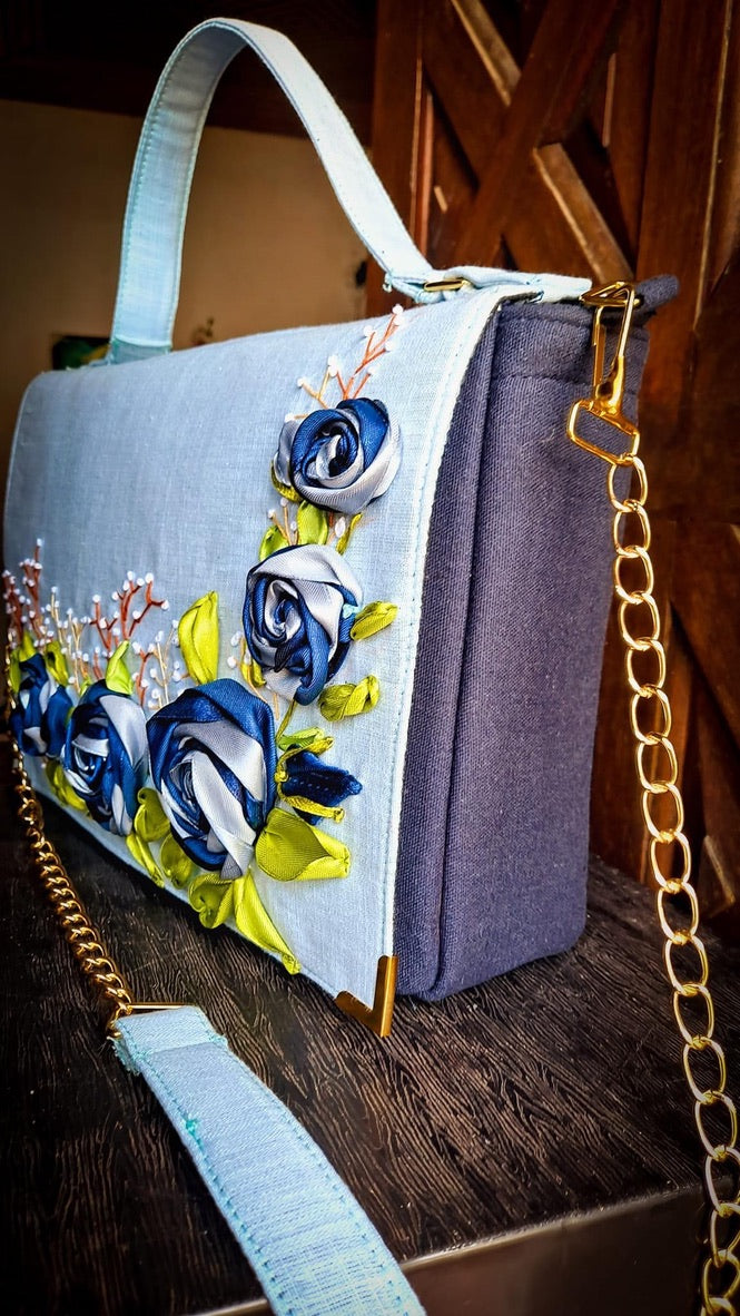 Hand Ribbon Embroidered Bag with Blue Roses