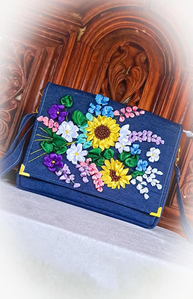 Denim material Ribbon Embroidered shoulder/ cross body Bag with flowers