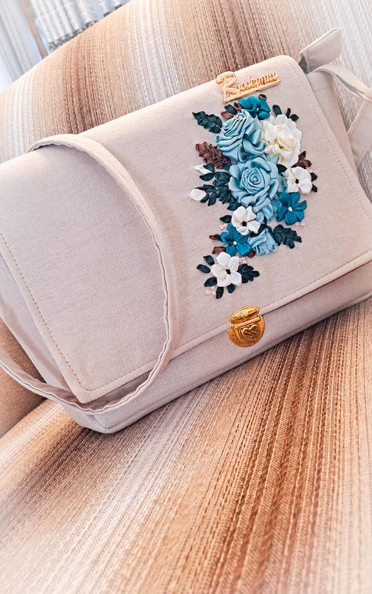 Ribbon Embroidered shoulder/ cross body Bag with flowers