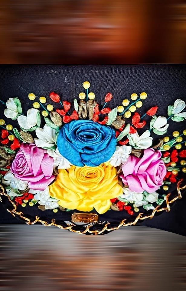 Ribbon Embroidered shoulder/ cross body Bag with flowers