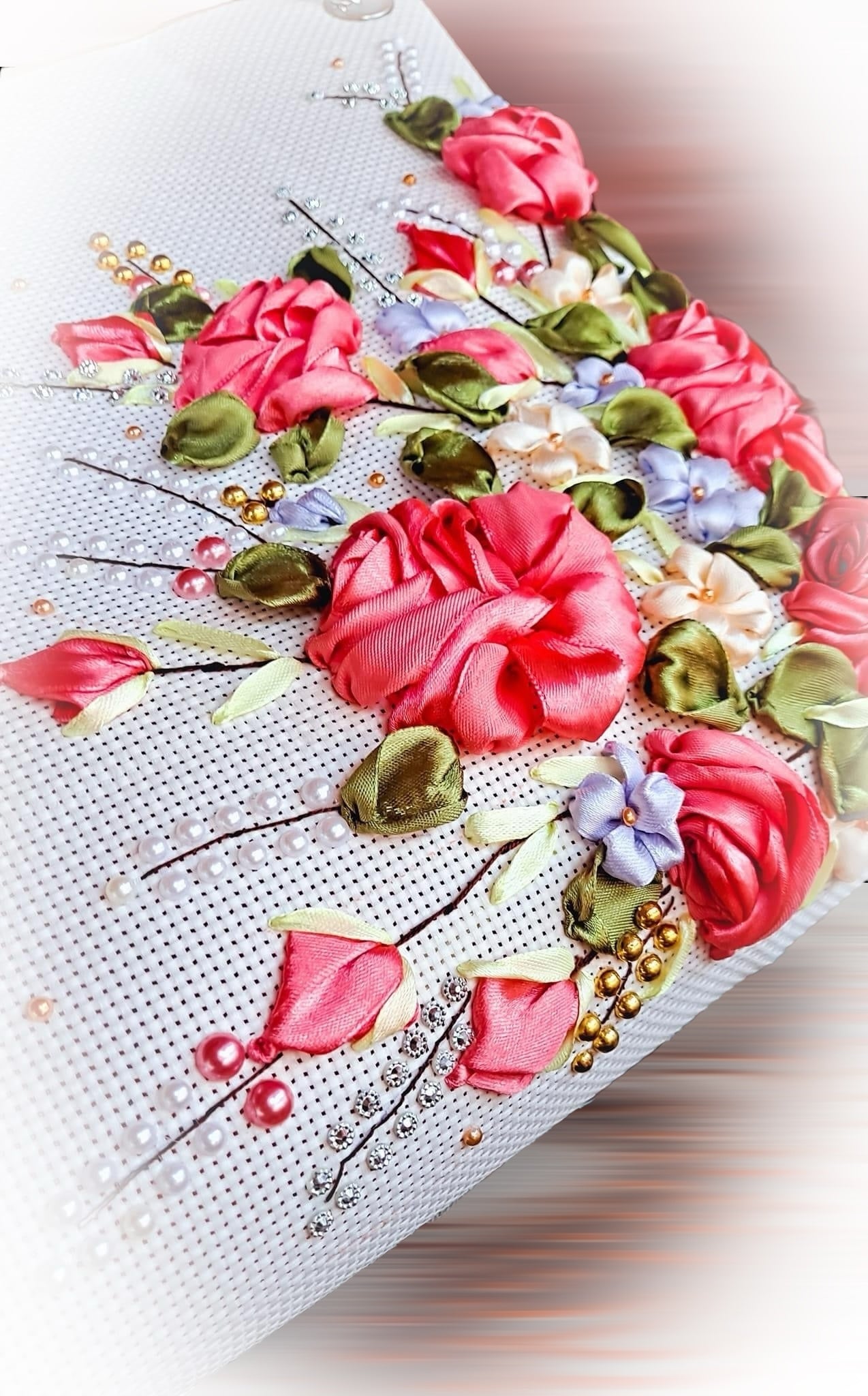 Ribbon Embroidered Bag with Roses