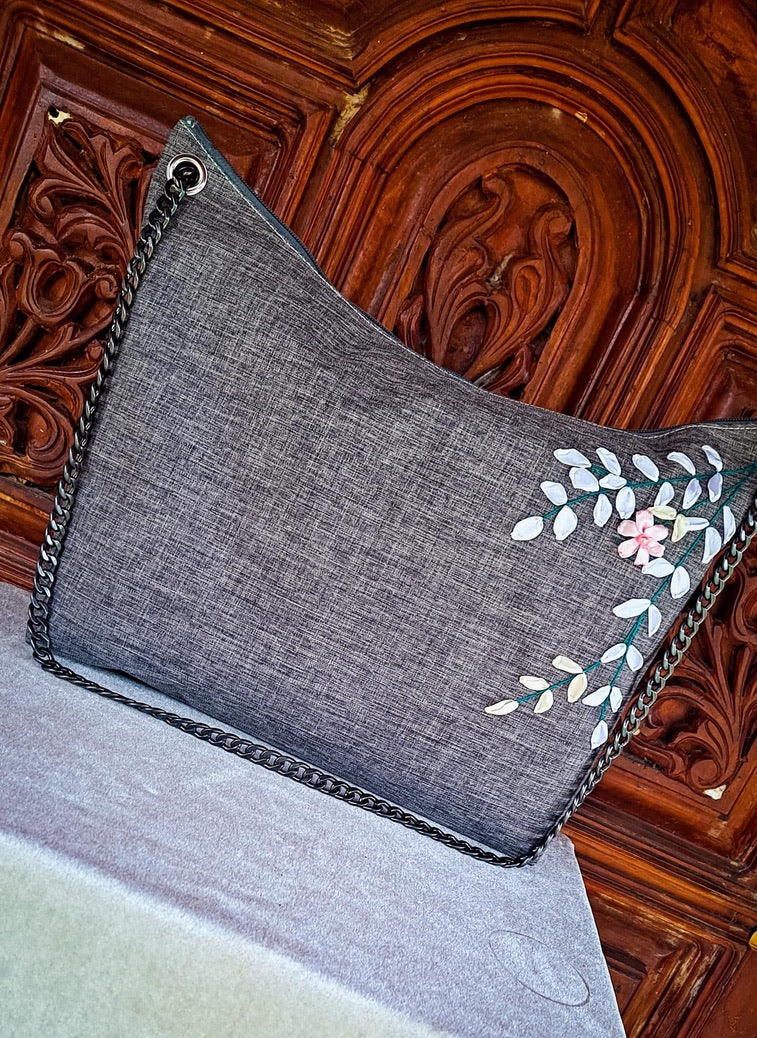 Ribbon Embroidered Bag (Grey)