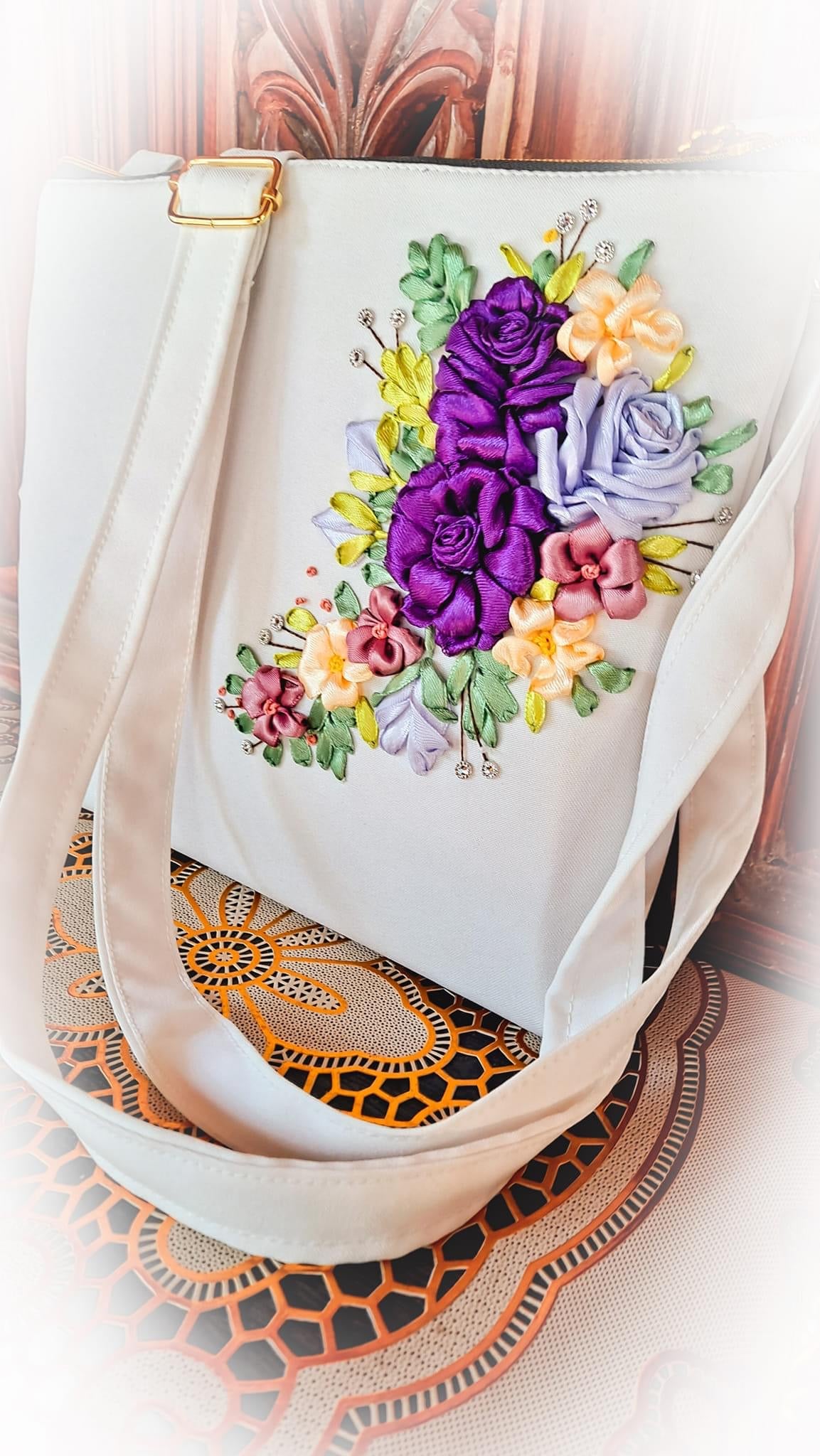 Ribbon Embroidered Shoulder Bag /Cross Body Bag