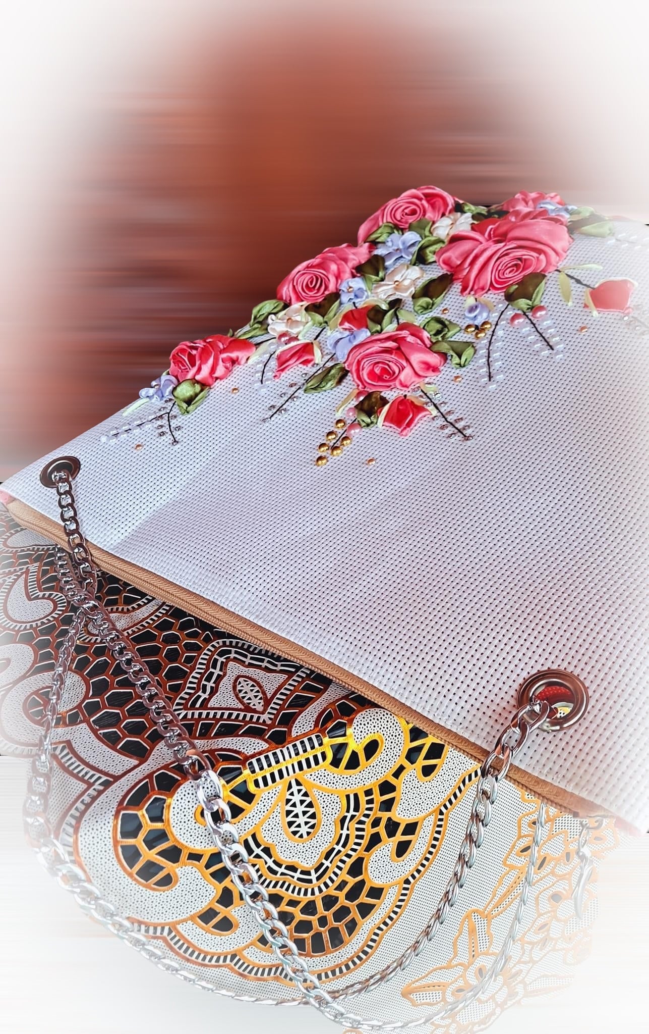 Ribbon Embroidered Bag with Roses