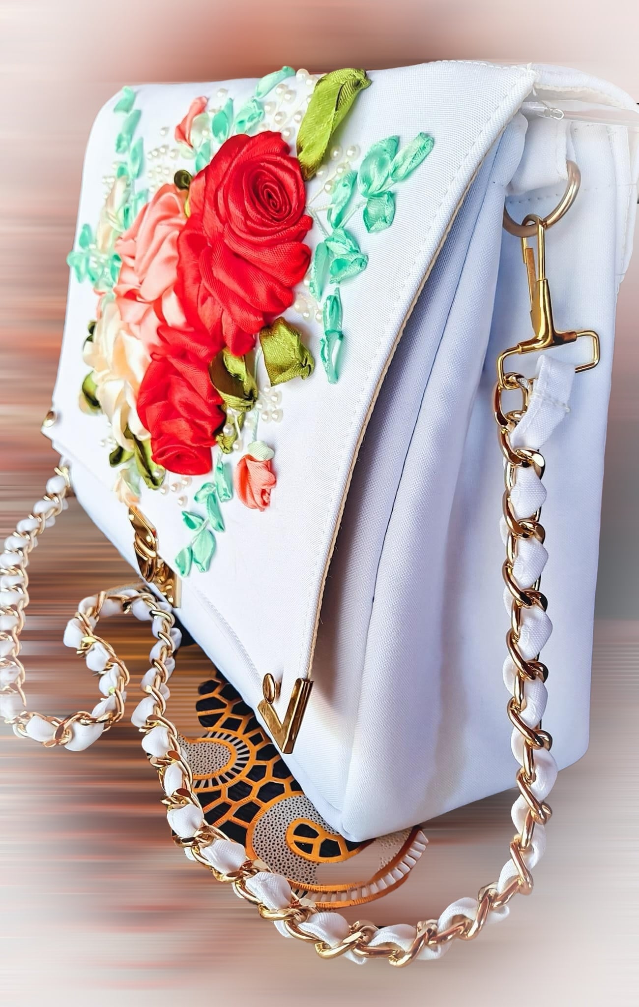 Ribbon Embroidered shoulder/ cross body Bag with flowers