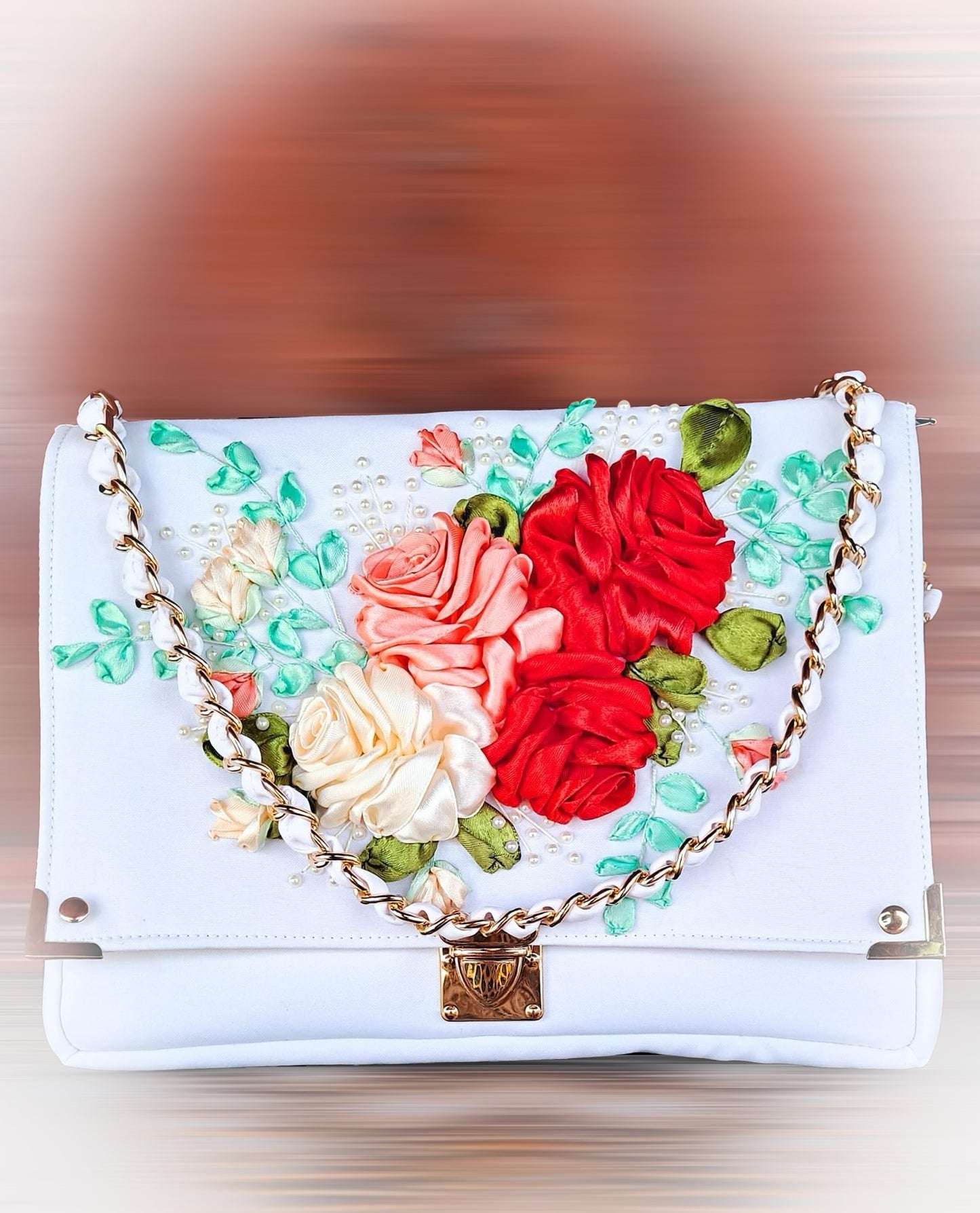 Ribbon Embroidered shoulder/ cross body Bag with flowers