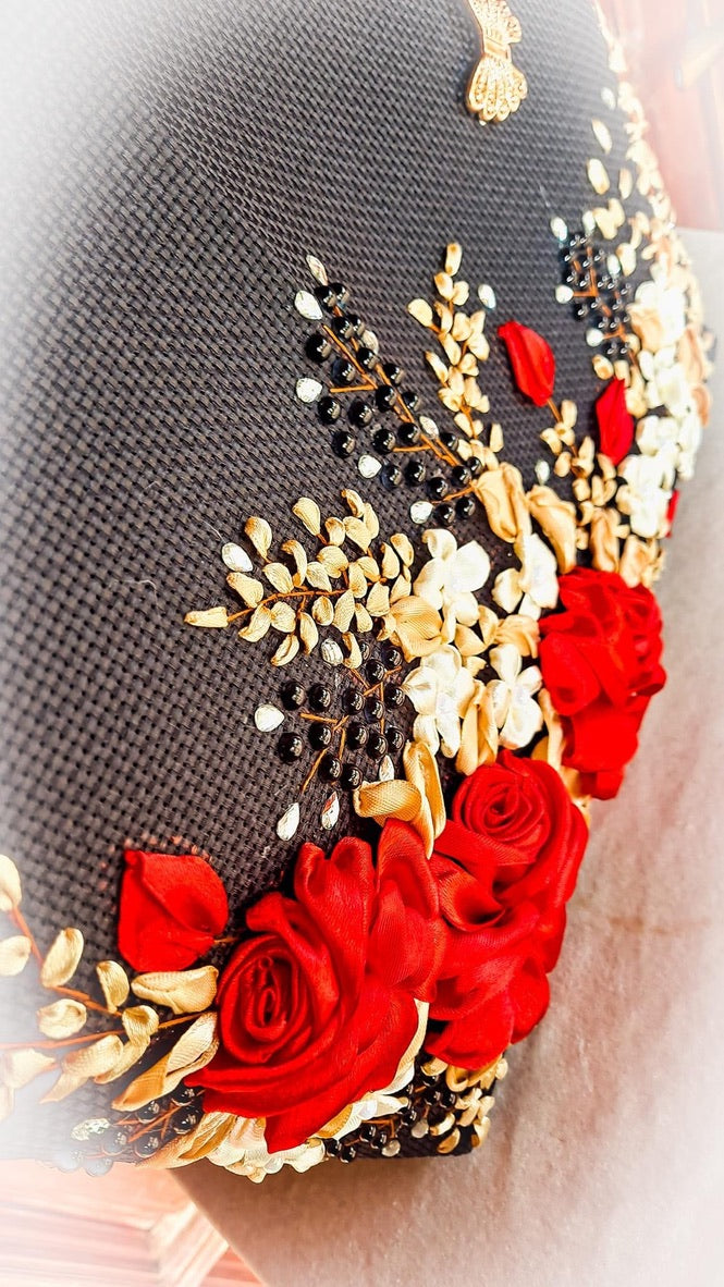 Ribbon embroidered Red and Gold Roses Bag