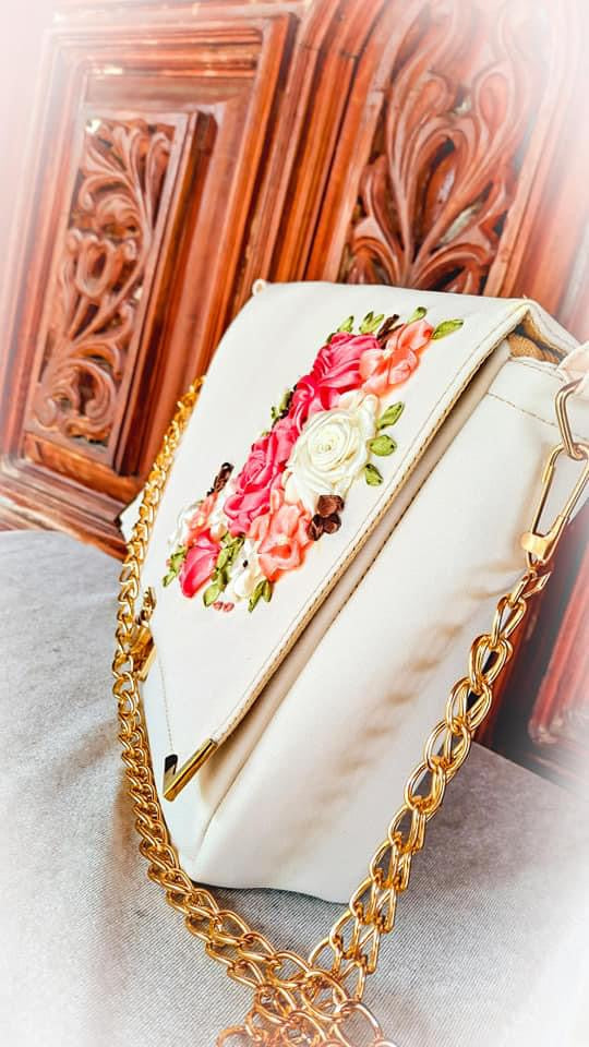 Ribbon Embroidered Bag with flowers
