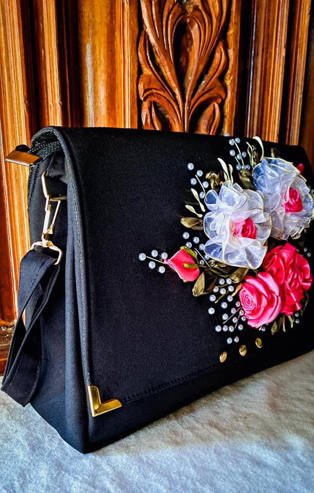 Ribbon Embroidered shoulder/ cross body Bag with flowers