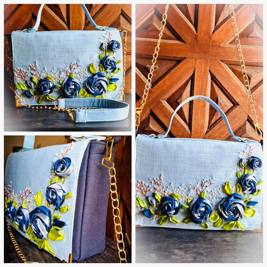 Hand Ribbon Embroidered Bag with Blue Roses