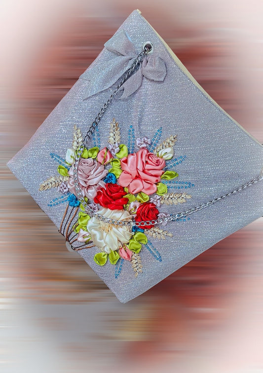 MRibbon Embroidered Bag with Roses