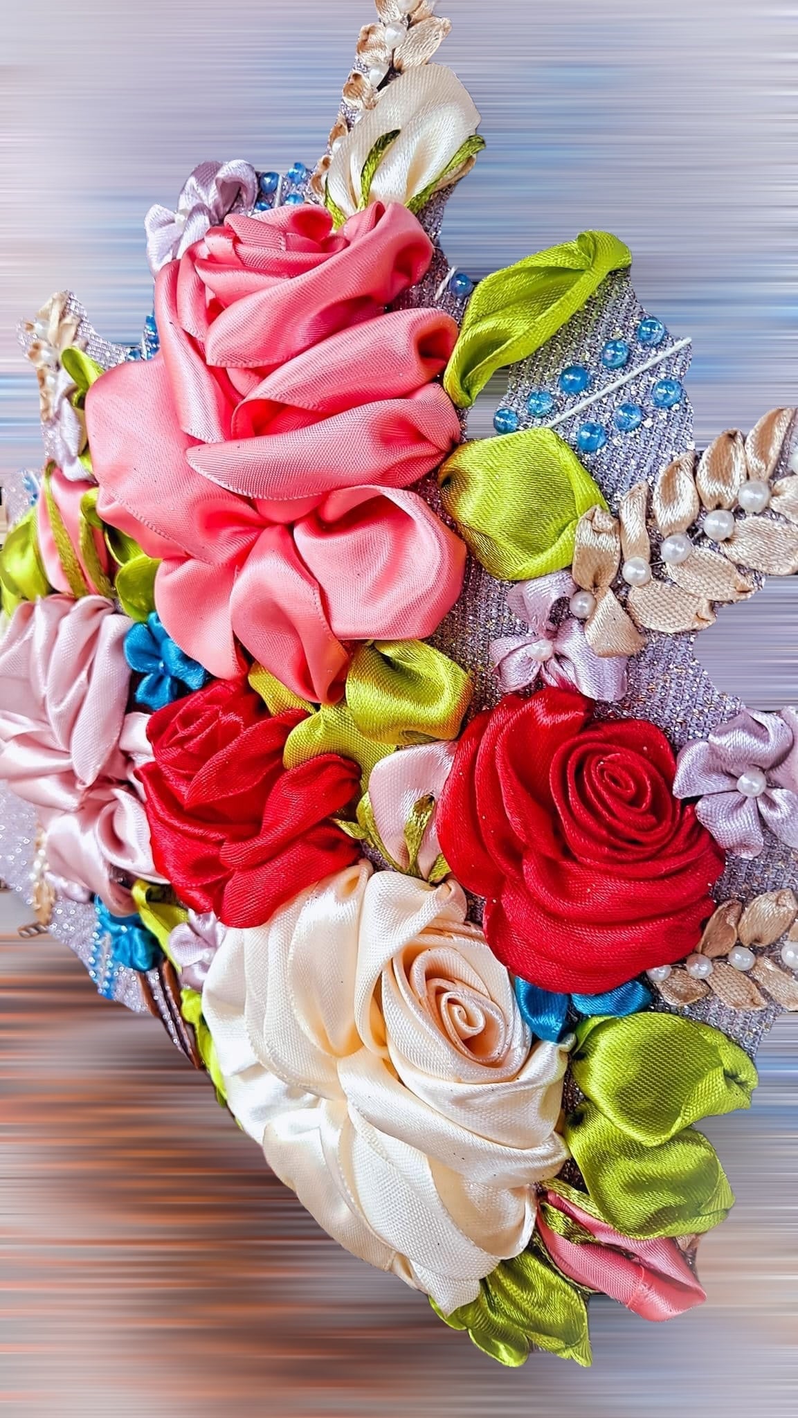 MRibbon Embroidered Bag with Roses