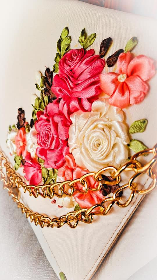 Ribbon Embroidered Bag with flowers