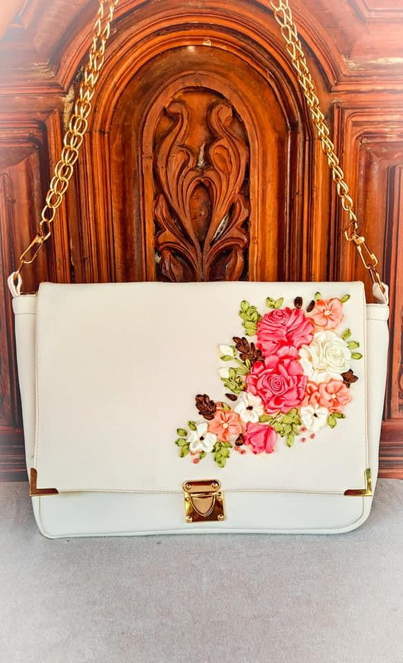 Ribbon Embroidered Bag with flowers