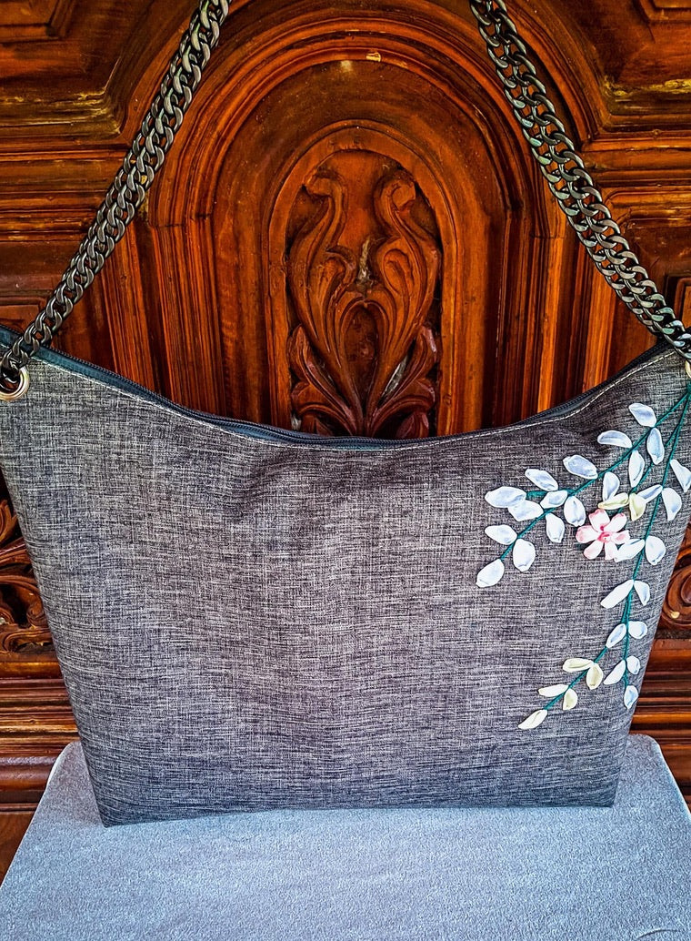 Ribbon Embroidered Bag (Grey)