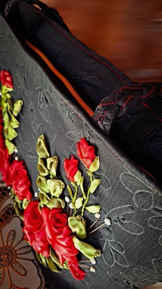 Ribbon Embroidered Bag with Roses