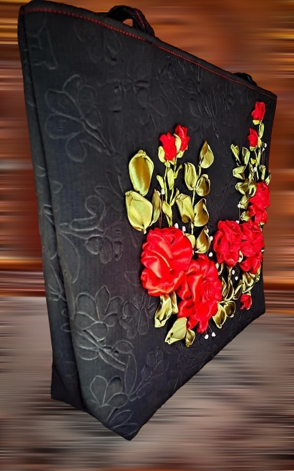 Ribbon Embroidered Bag with Roses