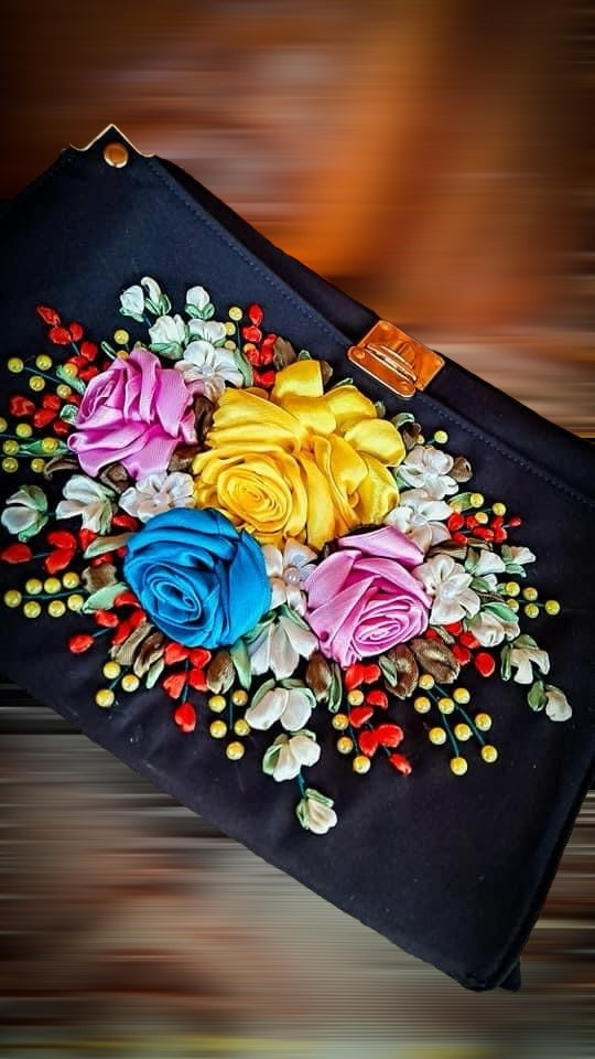Ribbon Embroidered shoulder/ cross body Bag with flowers