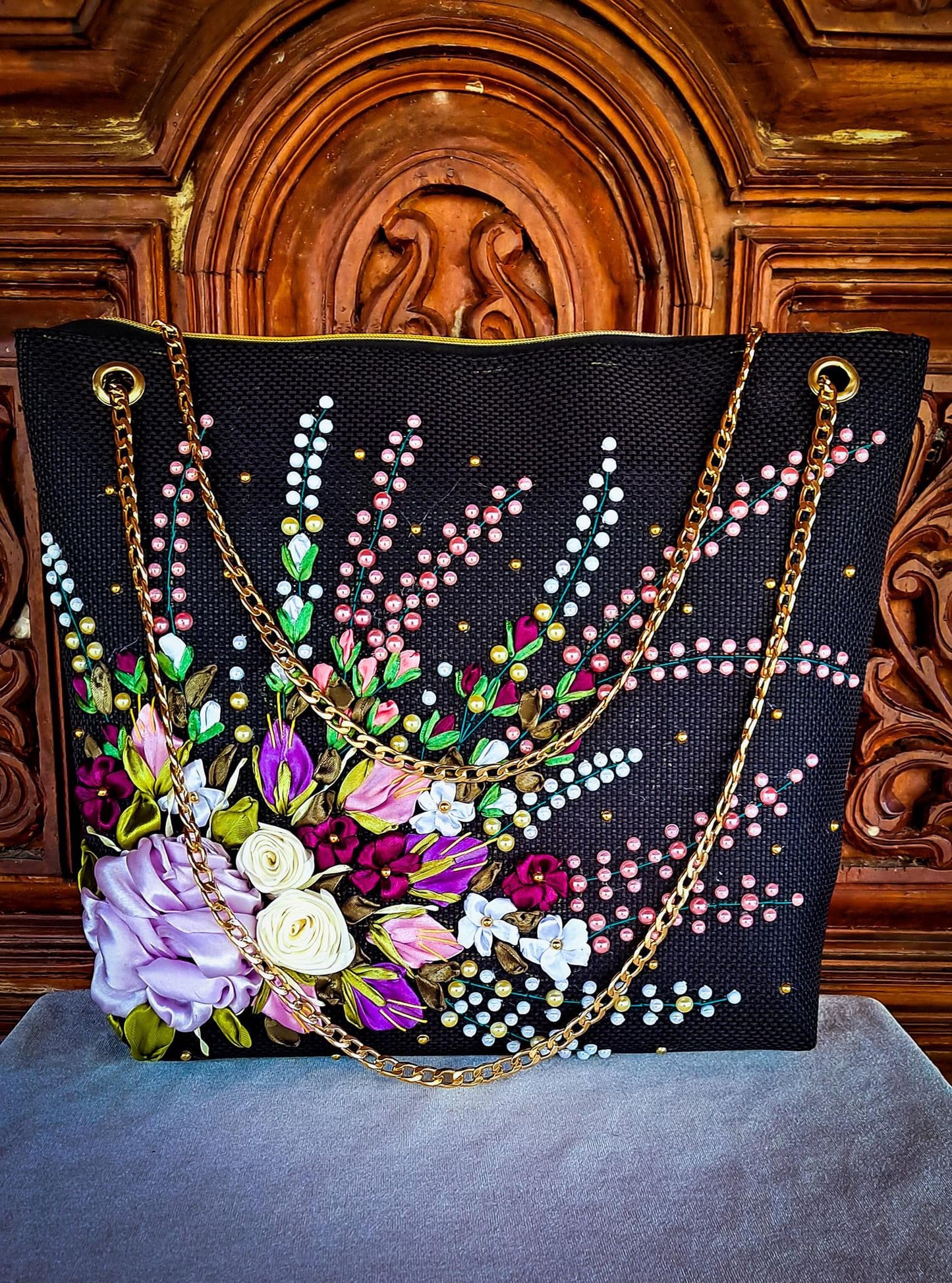Ribbon embroidered colorful Roses Bag (Copy)