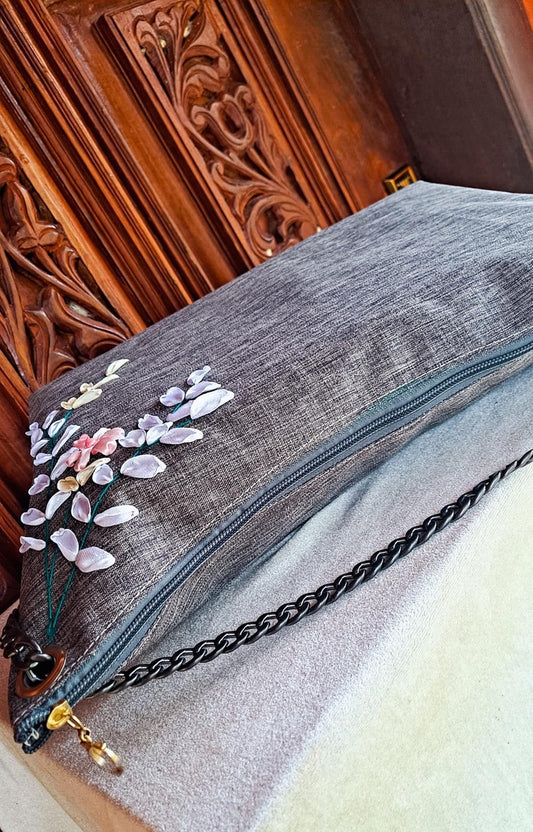 Ribbon Embroidered Bag (Grey)
