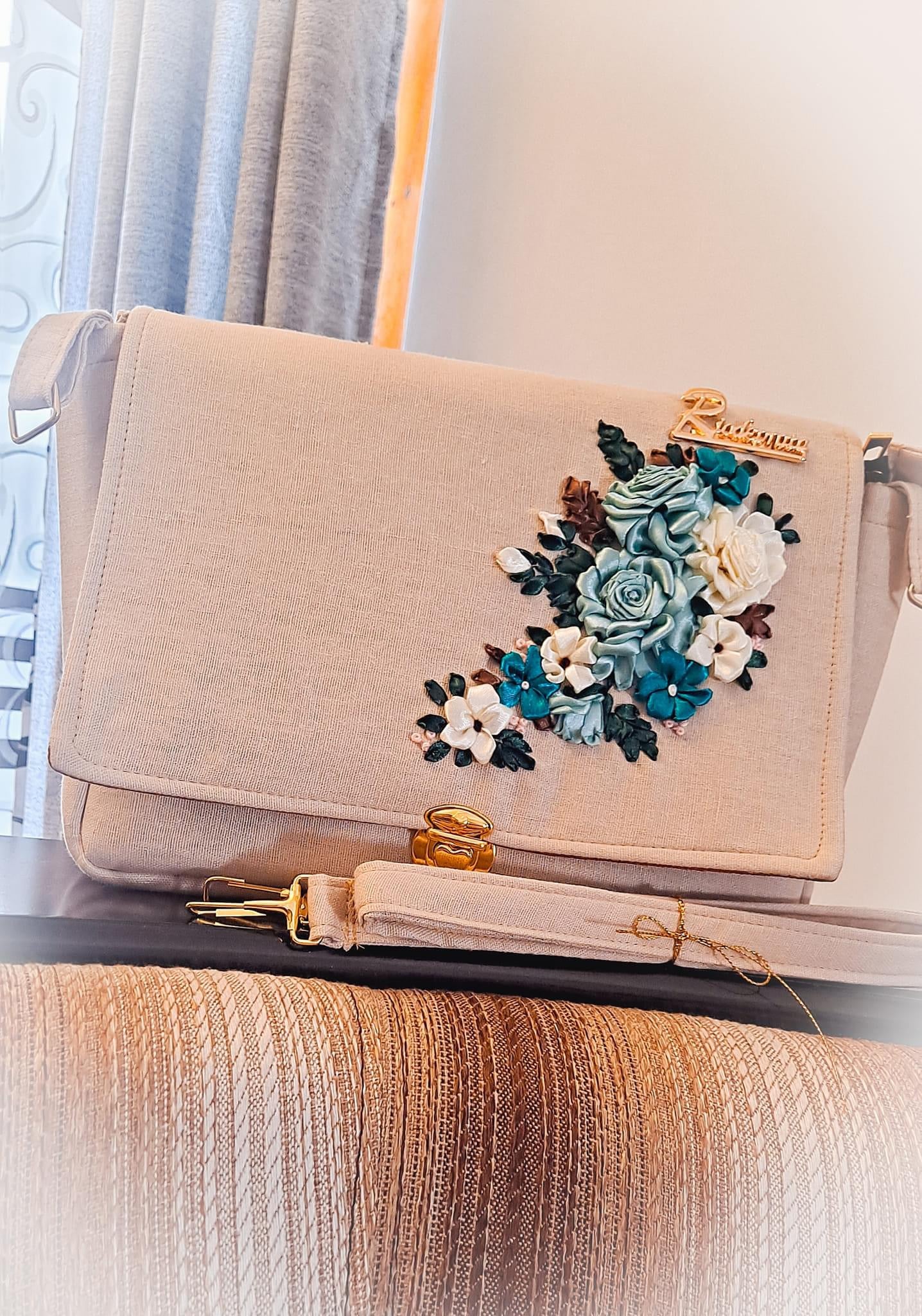 Ribbon Embroidered shoulder/ cross body Bag with flowers