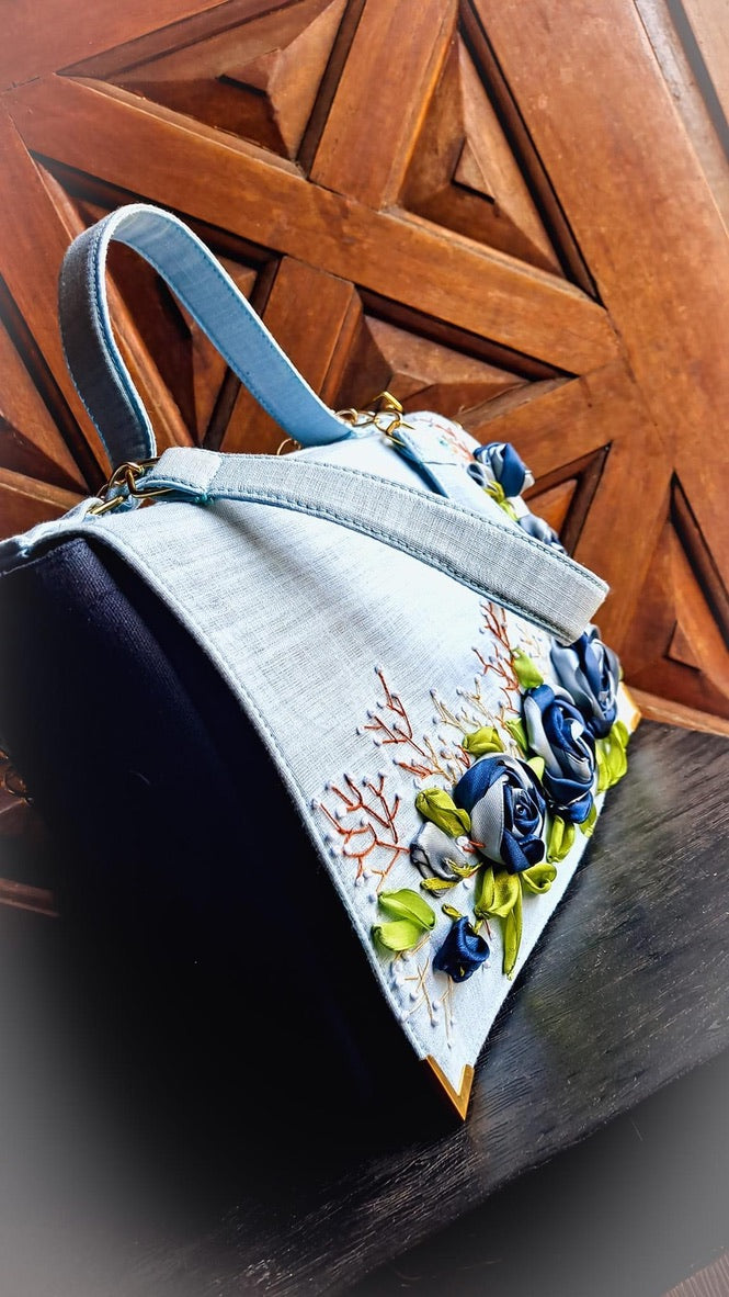 Hand Ribbon Embroidered Bag with Blue Roses