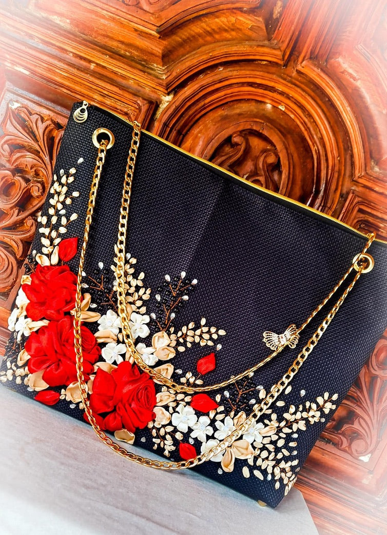 Ribbon embroidered Red and Gold Roses Bag