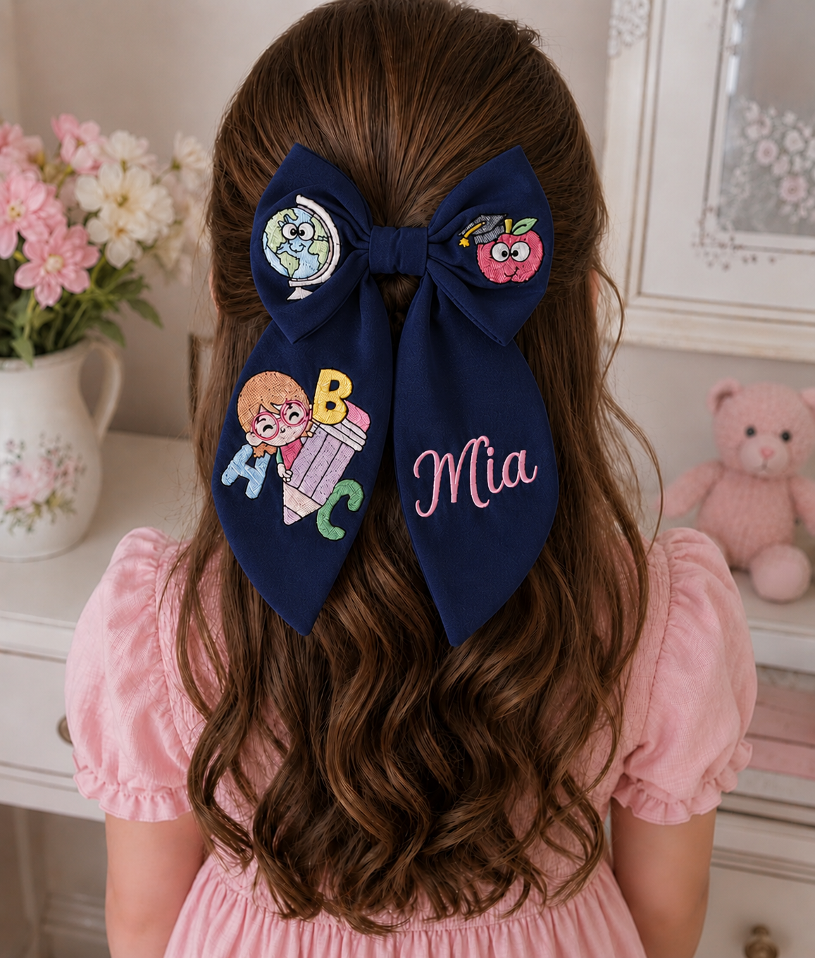 Back to school Bow , Personalized Back to School Embroidered Hair Bow – White Fabric | Custom Name Bow | First Day of School Gift