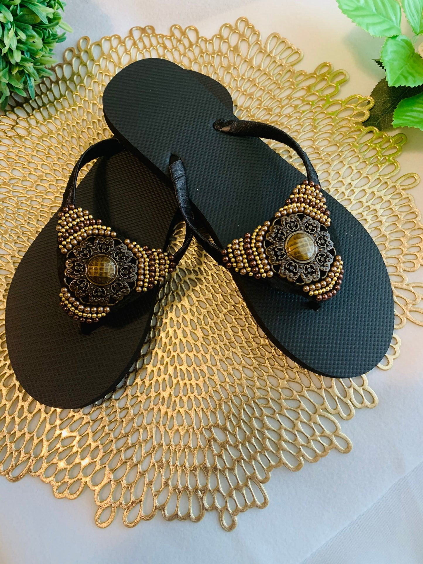 Women’s flip flops, beads , floral pattern, bling flip flops, fancy flip flops, customized flip flops - TOP