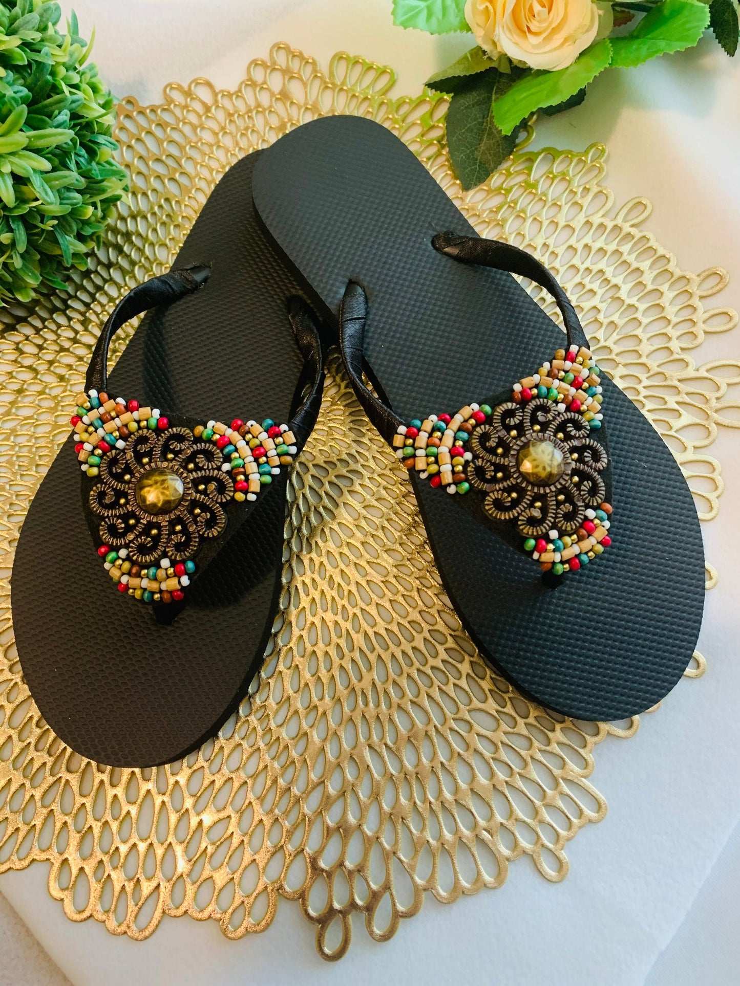Women’s flip flops, beads , floral pattern, bling flip flops, fancy flip flops, customized flip flops - TOP