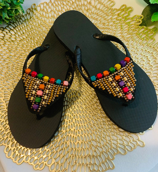 Women’s flip flops, beads , floral pattern, bling flip flops, fancy flip flops, customized flip flops - TOP