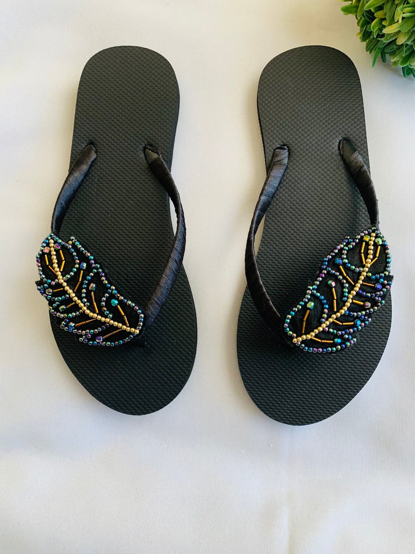 Women’s flip flops, beads , floral pattern, bling flip flops, fancy flip flops, customized flip flops - TOP