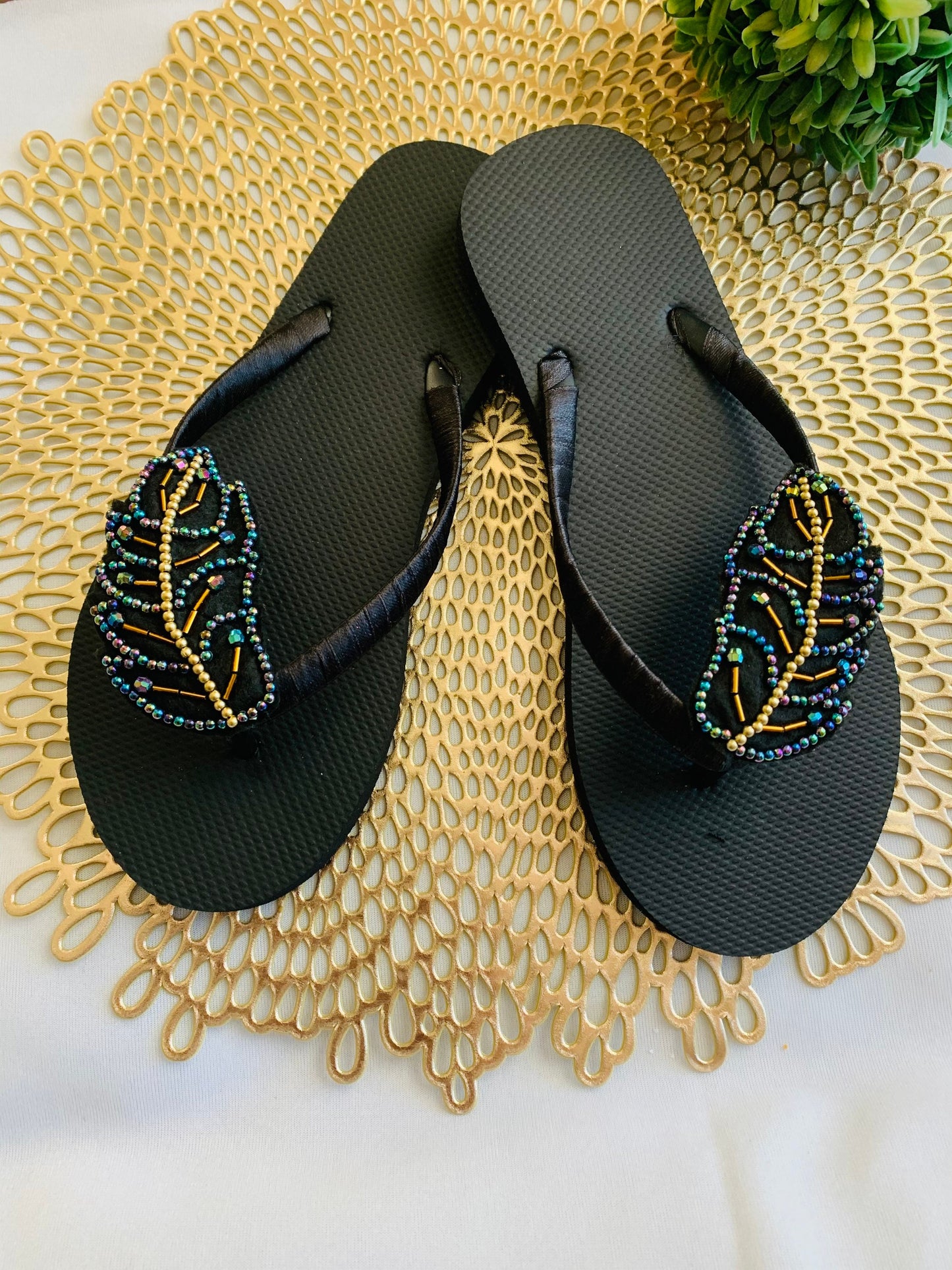 Women’s flip flops, beads , floral pattern, bling flip flops, fancy flip flops, customized flip flops - TOP