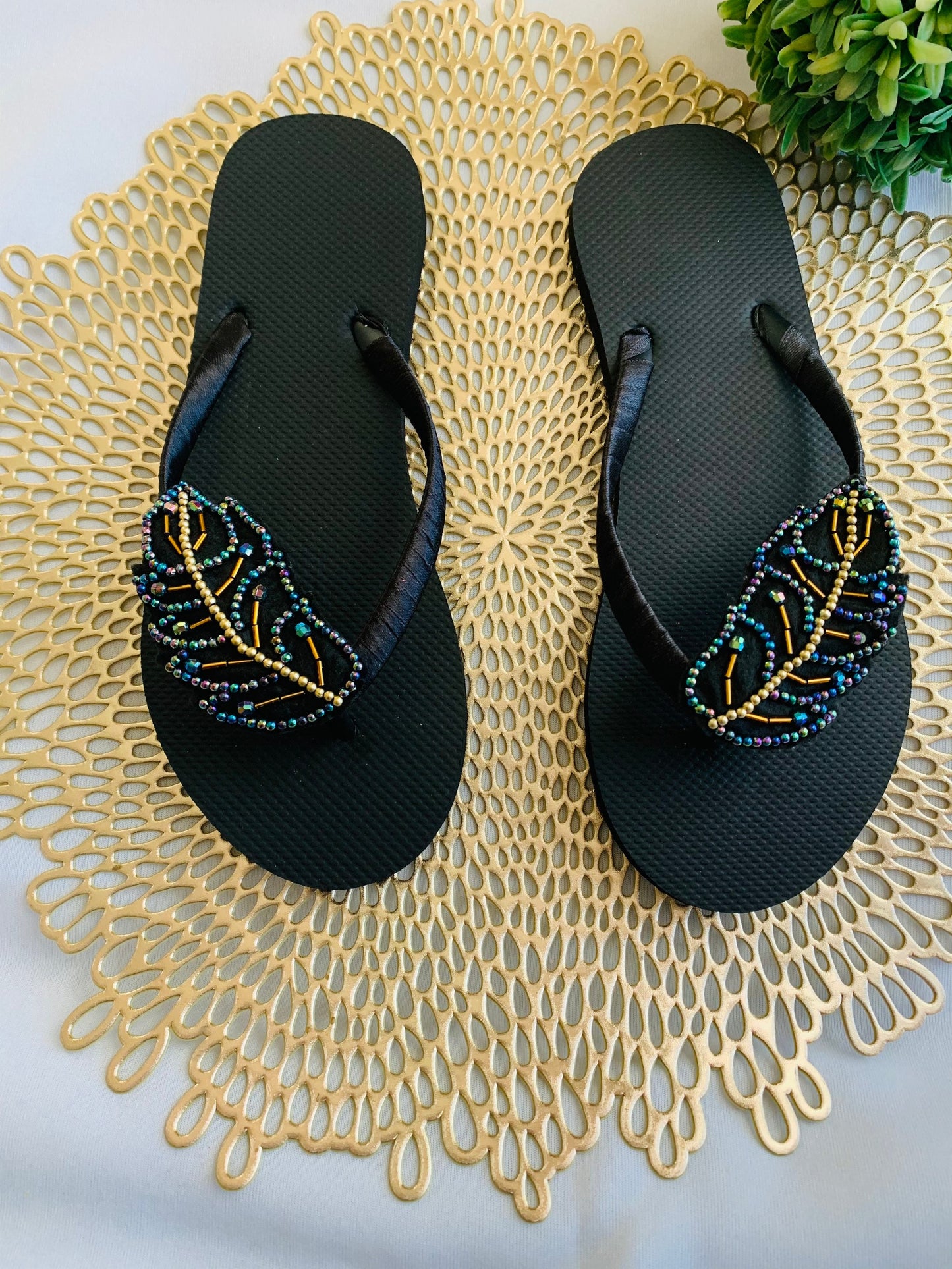Women’s flip flops, beads , floral pattern, bling flip flops, fancy flip flops, customized flip flops - TOP