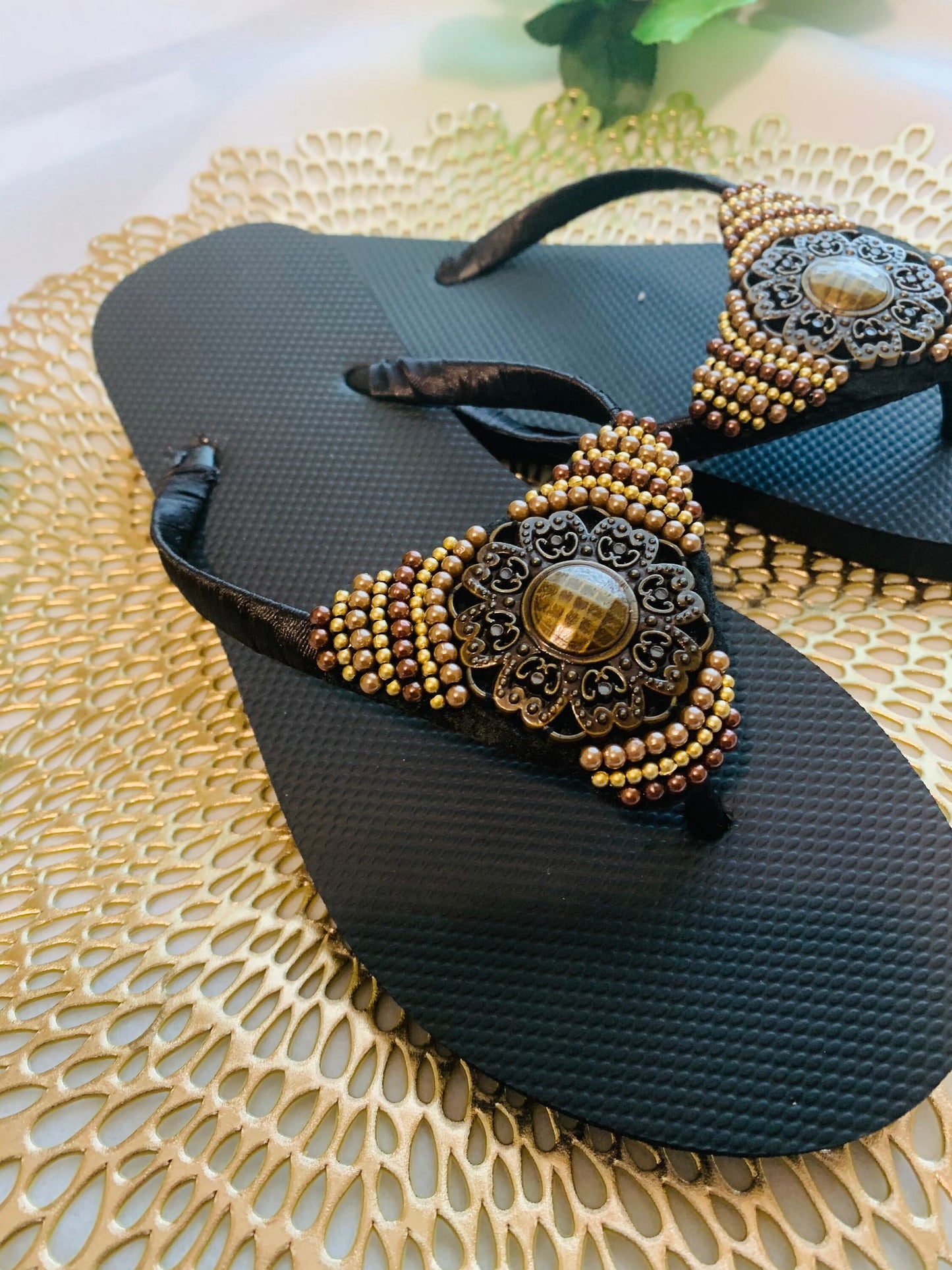 Women’s flip flops, beads , floral pattern, bling flip flops, fancy flip flops, customized flip flops - TOP