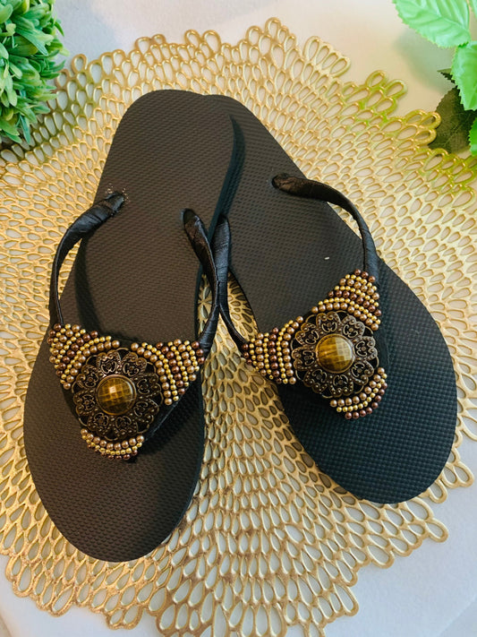 Women’s flip flops, beads , floral pattern, bling flip flops, fancy flip flops, customized flip flops - TOP