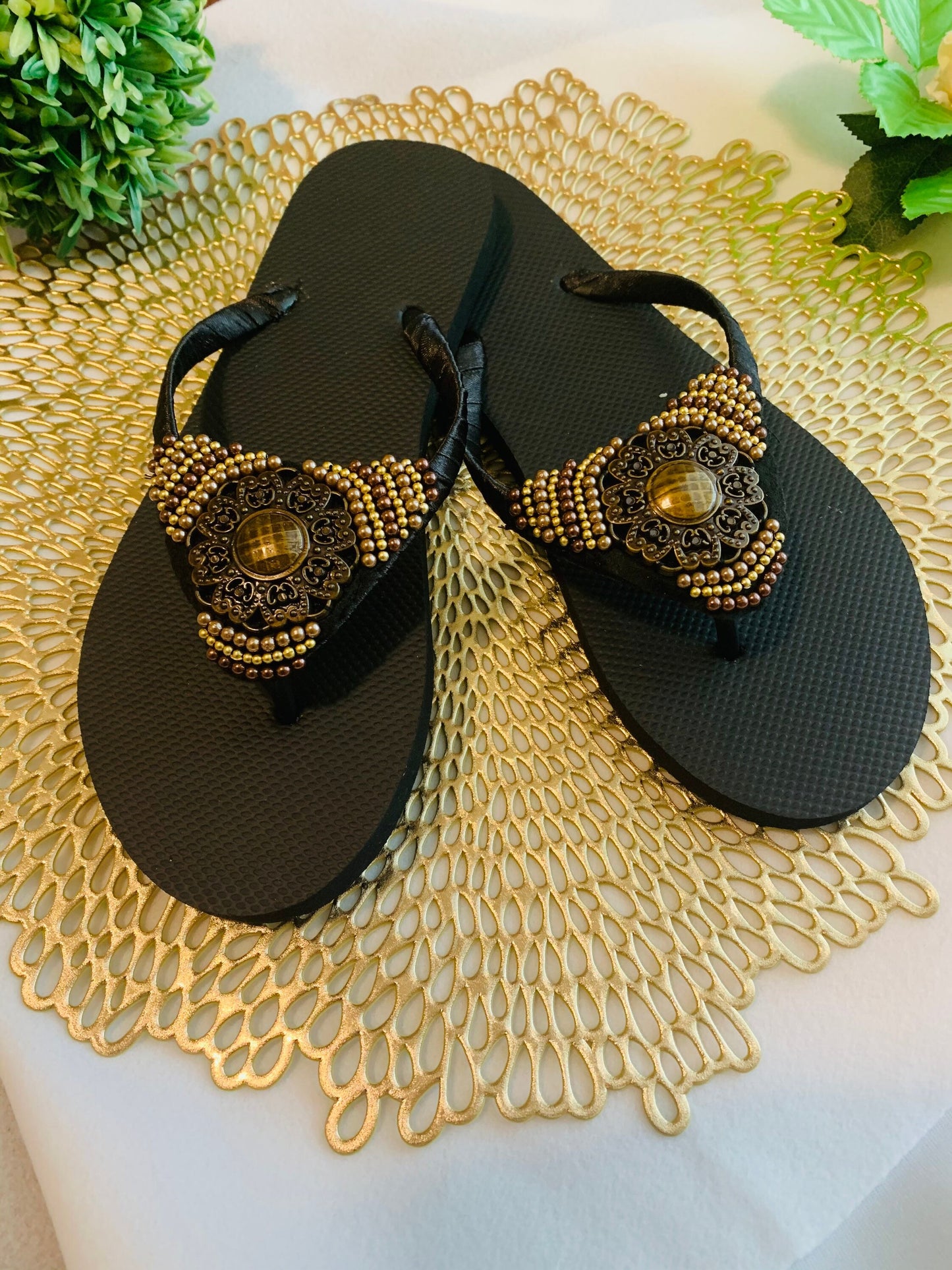 Women’s flip flops, beads , floral pattern, bling flip flops, fancy flip flops, customized flip flops - TOP
