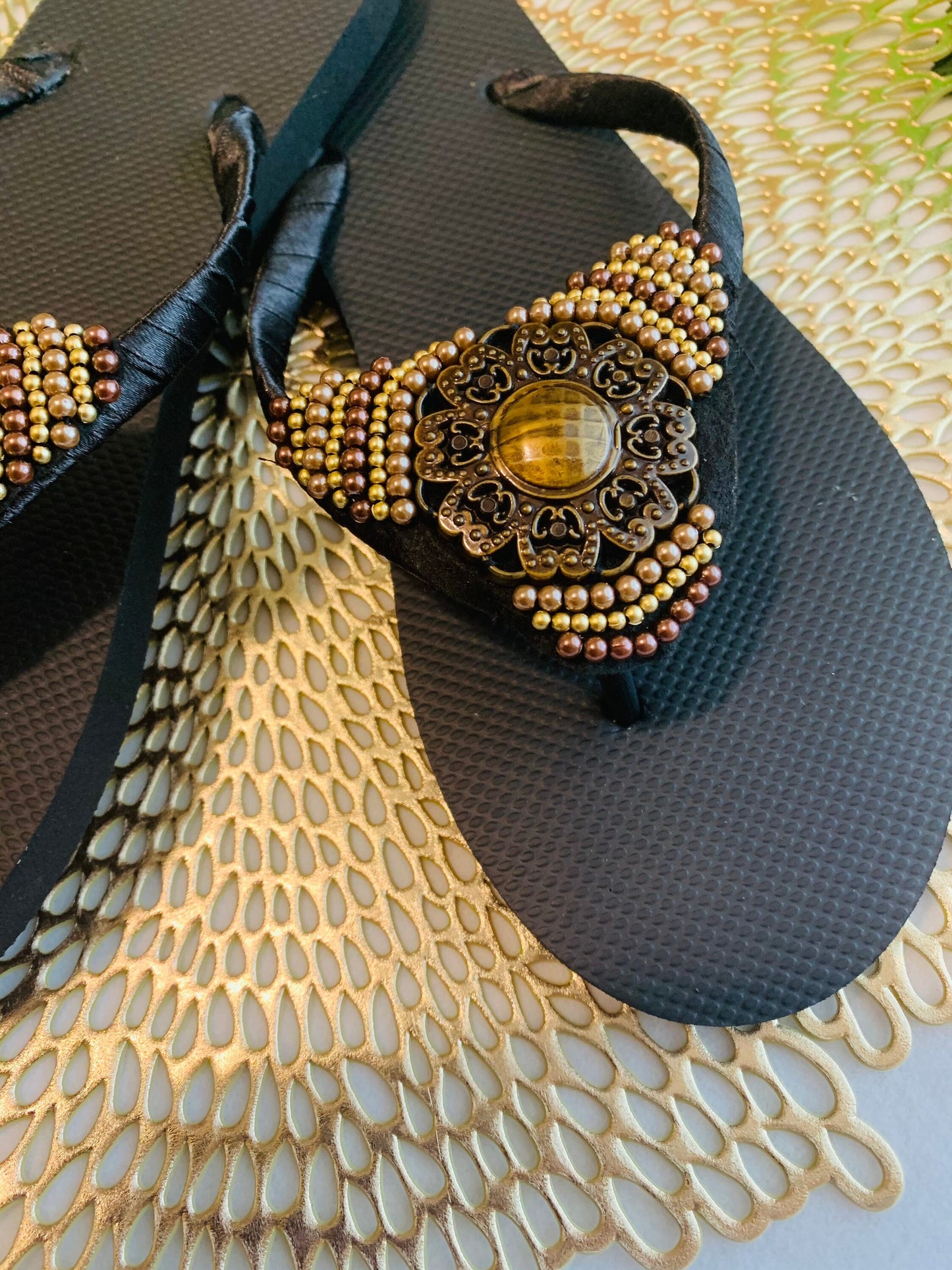 Women’s flip flops, beads , floral pattern, bling flip flops, fancy flip flops, customized flip flops - TOP