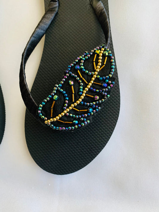 Women’s flip flops, beads , floral pattern, bling flip flops, fancy flip flops, customized flip flops - TOP